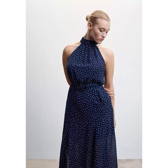 Mango Blue Polka Dot Semi Sheer Mock High Neck Dress Slit Bottom NWT XS 2 - Picture 5 of 9